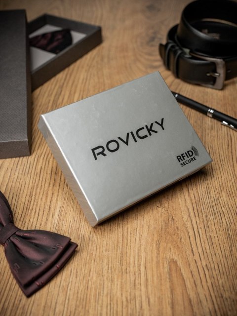 Pionowy portfel męski bez zapięcia z czarnej skóry naturalnej Rovicky Pionowy portfel męski bez zapięcia z czarnej skóry naturalnej Rovicky