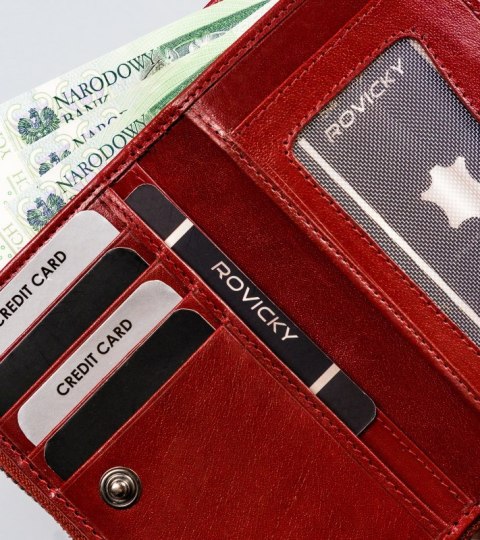 Pionowy portfel damski z bawolej skóry, zamykany na zatrzask, RFID - Rovicky Pionowy portfel damski z bawolej skóry, zamykany na zatrzask, RFID - Rovicky