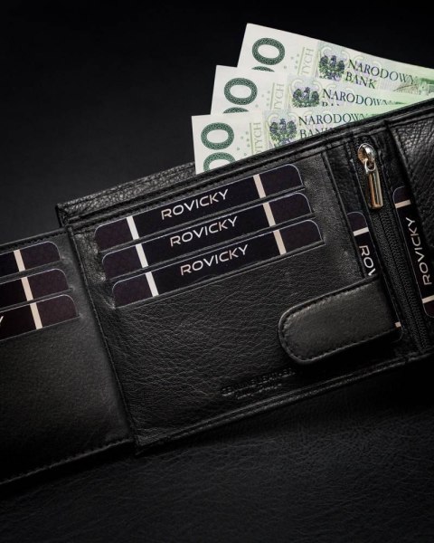 Poziomy portfel męski ze schowkiem na suwak, skóra naturalna, RFID Stop - Rovicky Poziomy portfel męski ze schowkiem na suwak, skóra naturalna, RFID Stop - Rovicky