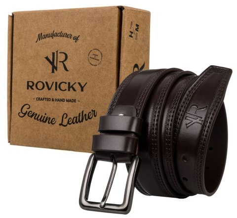 Pasek męski ze skóry naturalnej licowej o zdobionych brzegach - Rovicky Pasek męski ze skóry naturalnej licowej o zdobionych brzegach - Rovicky