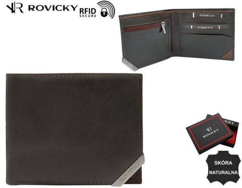 Poziomy portfel męski ze srebrnym akcentem, skóra naturalna licowa — Rovicky Poziomy portfel męski ze srebrnym akcentem, skóra naturalna licowa — Rovicky