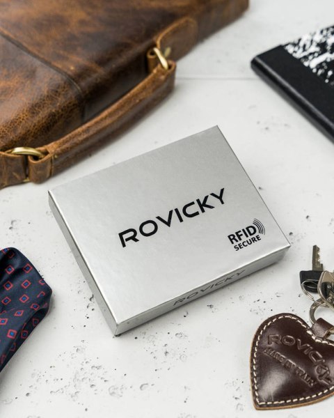 Duży portfel męski ze skóry naturalnej zamykany na zatrzask - Rovicky Duży portfel męski ze skóry naturalnej zamykany na zatrzask - Rovicky