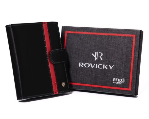 Elegancki, skórzany portfel męski z czerwonym akcentem — Rovicky Elegancki, skórzany portfel męski z czerwonym akcentem — Rovicky