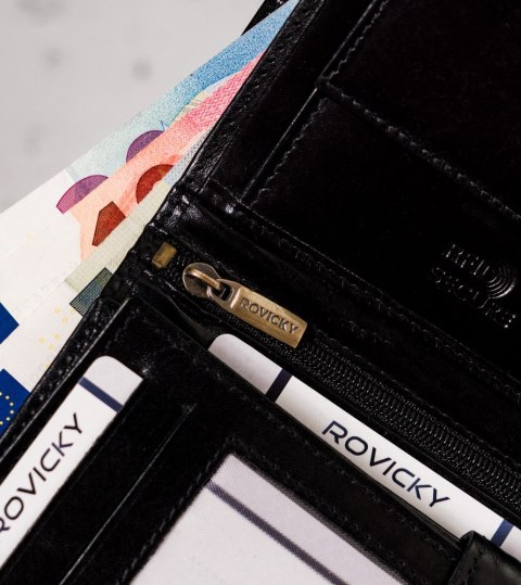 Elegancki, skórzany portfel męski z czerwonym akcentem — Rovicky Elegancki, skórzany portfel męski z czerwonym akcentem — Rovicky