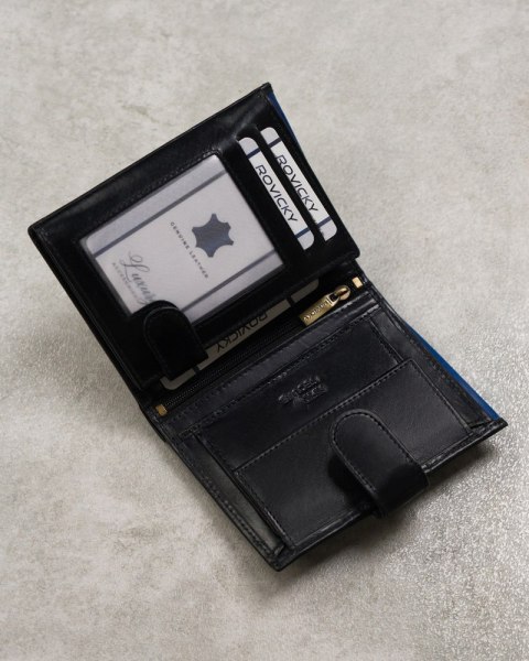 Skórzany portfel męski na karty z systemem RFID Protect— Rovicky Skórzany portfel męski na karty z systemem RFID Protect— Rovicky