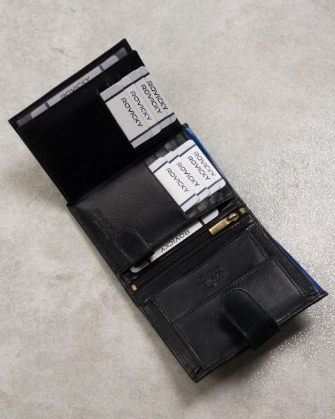 Skórzany portfel męski na karty z systemem RFID Protect— Rovicky Skórzany portfel męski na karty z systemem RFID Protect— Rovicky
