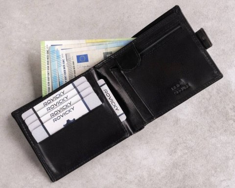 Skórzany portfel męski z systemem RFID zamykany na zatrzask - Rovicky Skórzany portfel męski z systemem RFID zamykany na zatrzask - Rovicky