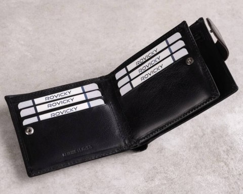 Skórzany portfel męski z systemem RFID zamykany na zatrzask - Rovicky Skórzany portfel męski z systemem RFID zamykany na zatrzask - Rovicky