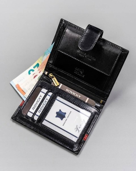 Duży, skórzany portfel męski z systemem RFID zapinany na zatrzask - Rovicky Duży, skórzany portfel męski z systemem RFID zapinany na zatrzask - Rovicky