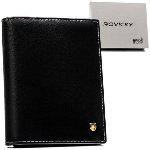 Pionowy, skórzany portfel męski w czarnym kolorze bez zapięcia zewnętrznego - Rovicky Pionowy, skórzany portfel męski w czarnym kolorze bez zapięcia zewnętrznego - Rovicky