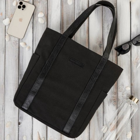Torba damska na ramię shopper duża wegańska materiałowa pojemna czarna Paolo Peruzzi E-17-BL Torba damska na ramię shopper duża wegańska materiałowa pojemna czarna Paolo Peruzzi E-17-BL