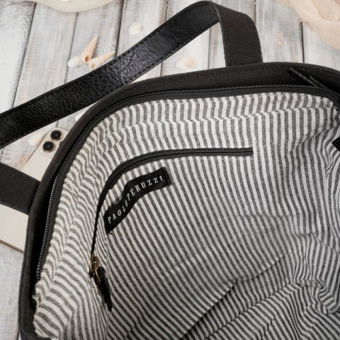 Torba damska na ramię shopper duża wegańska materiałowa pojemna czarna Paolo Peruzzi E-17-BL Torba damska na ramię shopper duża wegańska materiałowa pojemna czarna Paolo Peruzzi E-17-BL