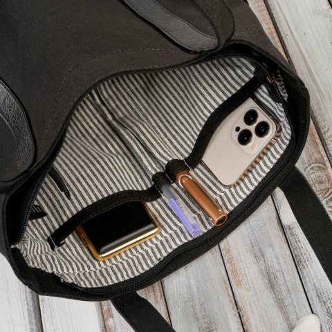 Torba damska na ramię shopper duża wegańska materiałowa pojemna czarna Paolo Peruzzi E-17-BL Torba damska na ramię shopper duża wegańska materiałowa pojemna czarna Paolo Peruzzi E-17-BL