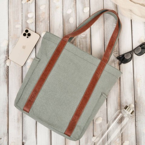 Torba damska na ramię shopper duża wegańska materiałowa pojemna szarozielony Paolo Peruzzi E-17-BU Torba damska na ramię shopper duża wegańska materiałowa pojemna szarozielony Paolo Peruzzi E-17-BU