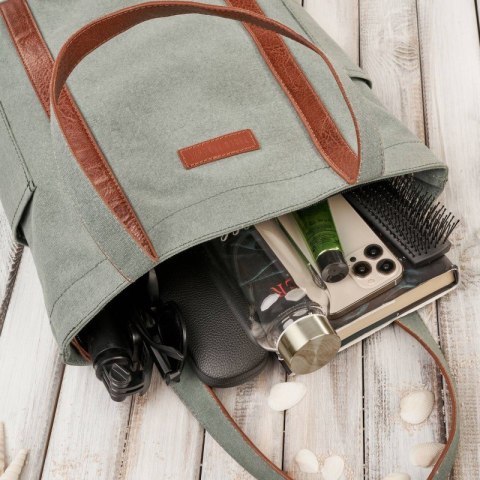 Torba damska na ramię shopper duża wegańska materiałowa pojemna szarozielony Paolo Peruzzi E-17-BU Torba damska na ramię shopper duża wegańska materiałowa pojemna szarozielony Paolo Peruzzi E-17-BU