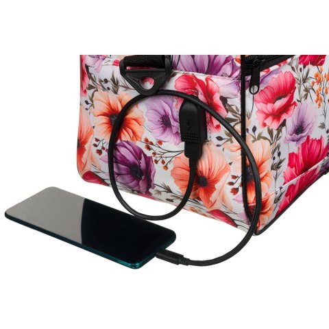 Wielokolorowa torba podróżna z wytrzymałego poliestru z portem USB, pokryta roślinnym wzorem - Rovicky