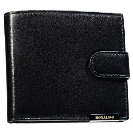 Czarny, poziomy, pojemny portfel męski ze skóry naturalnej zamykany zatrzaskiem - Ronaldo