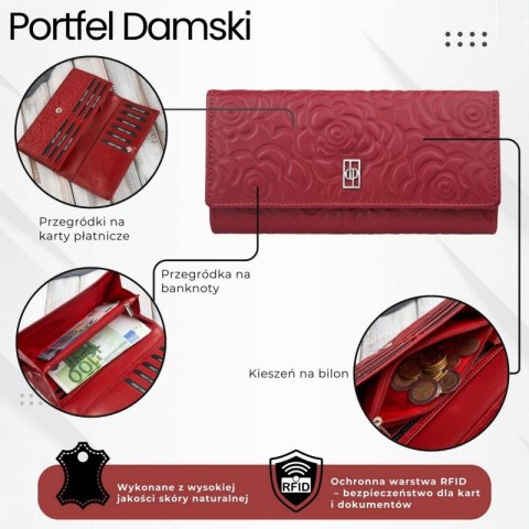 Portfel damski skórzany duży z tłoczeniem w kwiaty czerwony Paolo Peruzzi AL-12-RD Portfel damski skórzany duży z tłoczeniem w kwiaty czerwony Paolo Peruzzi AL-12-RD