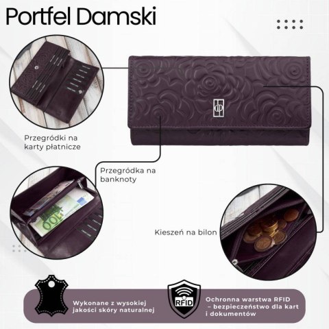 Poziomy portfel damski skórzany w kolorze burgundowym z metalowym logo duży Paolo Peruzzi AL-12-BGD
