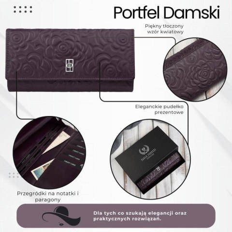 Poziomy portfel damski skórzany w kolorze burgundowym z metalowym logo duży Paolo Peruzzi AL-12-BGD