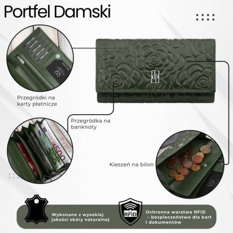 Ciemnozielony portfel damski skórzany w kwiaty duży poziomy Paolo Peruzzi AL-14-GB Ciemnozielony portfel damski skórzany w kwiaty duży poziomy Paolo Peruzzi AL-14-GB