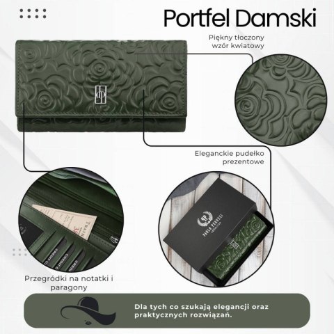 Ciemnozielony portfel damski skórzany w kwiaty duży poziomy Paolo Peruzzi AL-14-GB Ciemnozielony portfel damski skórzany w kwiaty duży poziomy Paolo Peruzzi AL-14-GB