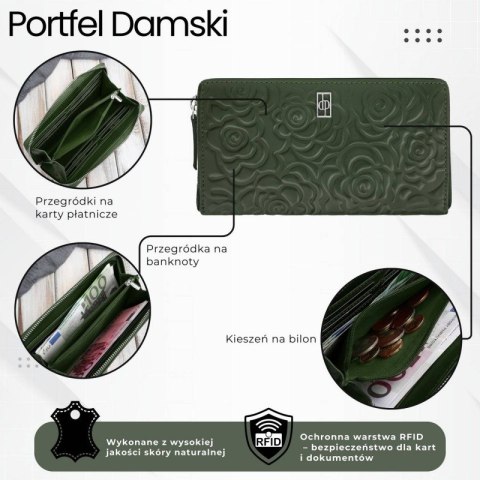 Ciemnozielony portfel damski skórzany z tłoczeniem kwiatowym RFID Paolo Peruzzi AL-13-GB Ciemnozielony portfel damski skórzany z tłoczeniem kwiatowym RFID Paolo Peruzzi AL-13-GB