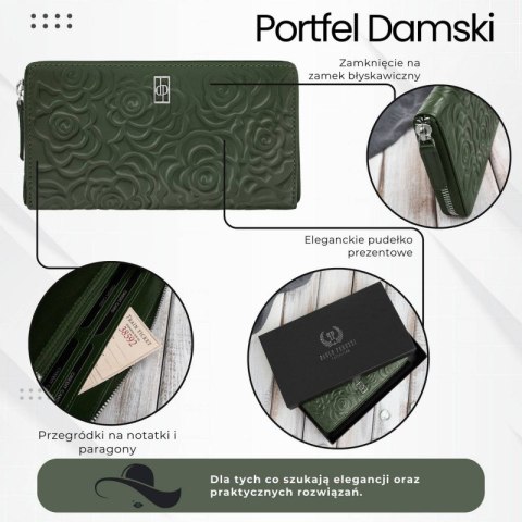 Ciemnozielony portfel damski skórzany z tłoczeniem kwiatowym RFID Paolo Peruzzi AL-13-GB Ciemnozielony portfel damski skórzany z tłoczeniem kwiatowym RFID Paolo Peruzzi AL-13-GB