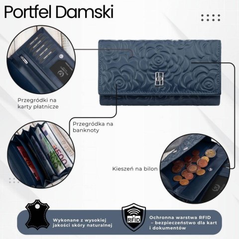 Duży portfel damski skórzany z tłoczeniem w kwiaty granatowy Paolo Peruzzi AL-14-NV Duży portfel damski skórzany z tłoczeniem w kwiaty granatowy Paolo Peruzzi AL-14-NV