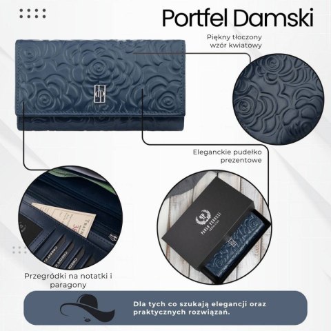 Duży portfel damski skórzany z tłoczeniem w kwiaty granatowy Paolo Peruzzi AL-14-NV Duży portfel damski skórzany z tłoczeniem w kwiaty granatowy Paolo Peruzzi AL-14-NV