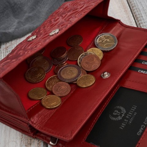 Portfel damski skórzany duży czerwony w kwiaty z ochroną RFID Paolo Peruzzi AL-14-RD Portfel damski skórzany duży czerwony w kwiaty z ochroną RFID Paolo Peruzzi AL-14-RD