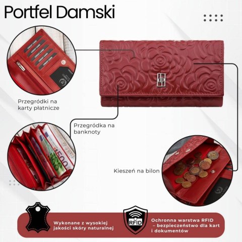 Portfel damski skórzany duży czerwony w kwiaty z ochroną RFID Paolo Peruzzi AL-14-RD Portfel damski skórzany duży czerwony w kwiaty z ochroną RFID Paolo Peruzzi AL-14-RD
