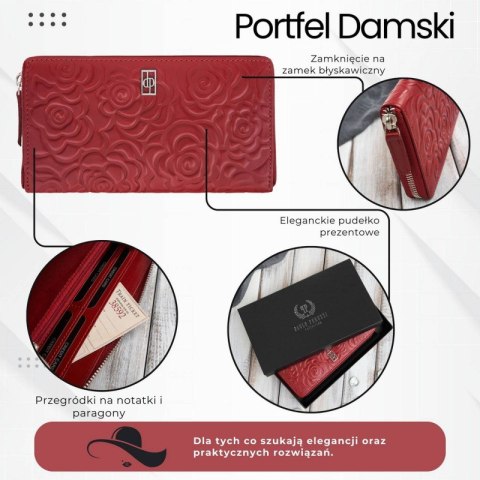 Portfel damski skórzany w kwiaty czerwony z metalowym logo Paolo Peruzzi AL-13-RD Portfel damski skórzany w kwiaty czerwony z metalowym logo Paolo Peruzzi AL-13-RD