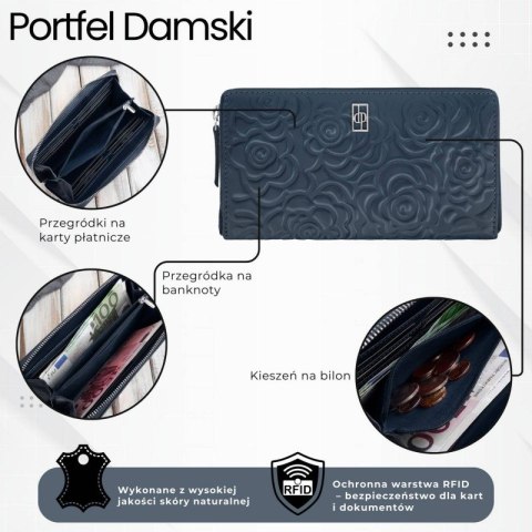 Poziomy portfel damski skórzany granatowy w kwiaty z metalowym logo Paolo Peruzzi AL-13-NV Poziomy portfel damski skórzany granatowy w kwiaty z metalowym logo Paolo Peruzzi AL-13-NV