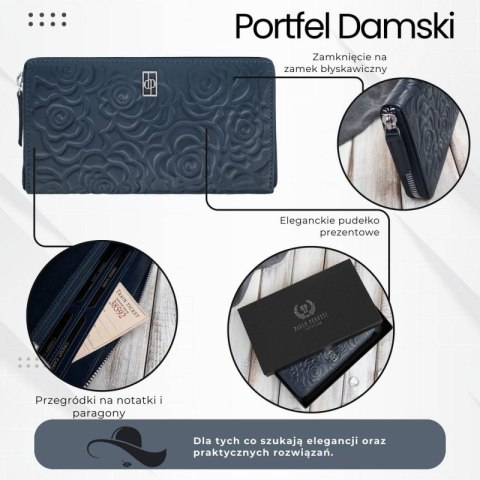 Poziomy portfel damski skórzany granatowy w kwiaty z metalowym logo Paolo Peruzzi AL-13-NV Poziomy portfel damski skórzany granatowy w kwiaty z metalowym logo Paolo Peruzzi AL-13-NV