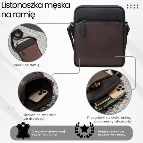Saszetka męska skórzana na ramię z tłoczeniem typu carbon brązowa Paolo Peruzzi AL-19-BR Saszetka męska skórzana na ramię z tłoczeniem typu carbon brązowa Paolo Peruzzi AL-19-BR