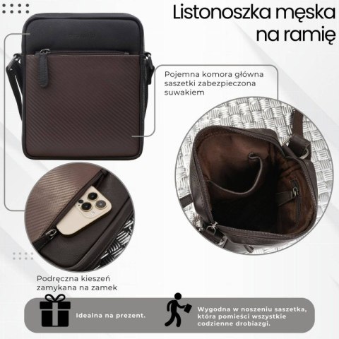 Saszetka męska skórzana na ramię z tłoczeniem typu carbon brązowa Paolo Peruzzi AL-19-BR Saszetka męska skórzana na ramię z tłoczeniem typu carbon brązowa Paolo Peruzzi AL-19-BR