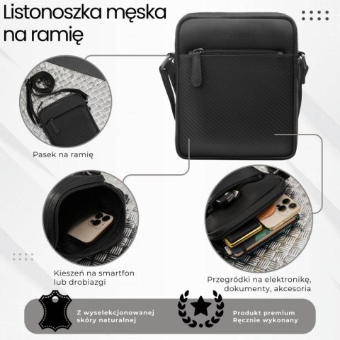 Saszetka męska skórzana na ramię z tłoczeniem typu carbon czarna Paolo Peruzzi AL-19-BL Saszetka męska skórzana na ramię z tłoczeniem typu carbon czarna Paolo Peruzzi AL-19-BL