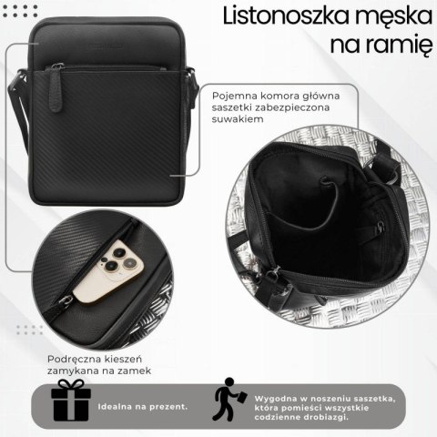 Saszetka męska skórzana na ramię z tłoczeniem typu carbon czarna Paolo Peruzzi AL-19-BL Saszetka męska skórzana na ramię z tłoczeniem typu carbon czarna Paolo Peruzzi AL-19-BL
