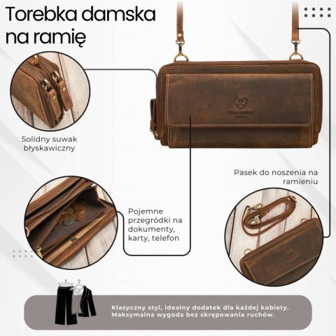 Skórzana kopertówka damska do ręki na ramię portfel damski Paolo Peruzzi T-137-HBR Skórzana kopertówka damska do ręki na ramię portfel damski Paolo Peruzzi T-137-HBR