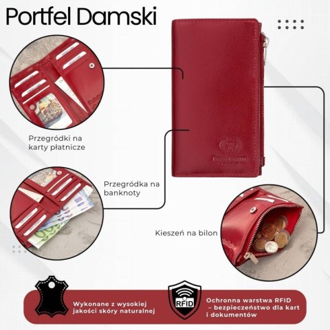 Portfel damski skórzany duży czerwony z ochroną RFID Paolo Peruzzi T-140-RD