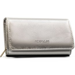Duży, srebrny portfel damski ze skóry ekologicznej z kieszonką zewnętrzną - 4U Cavaldi